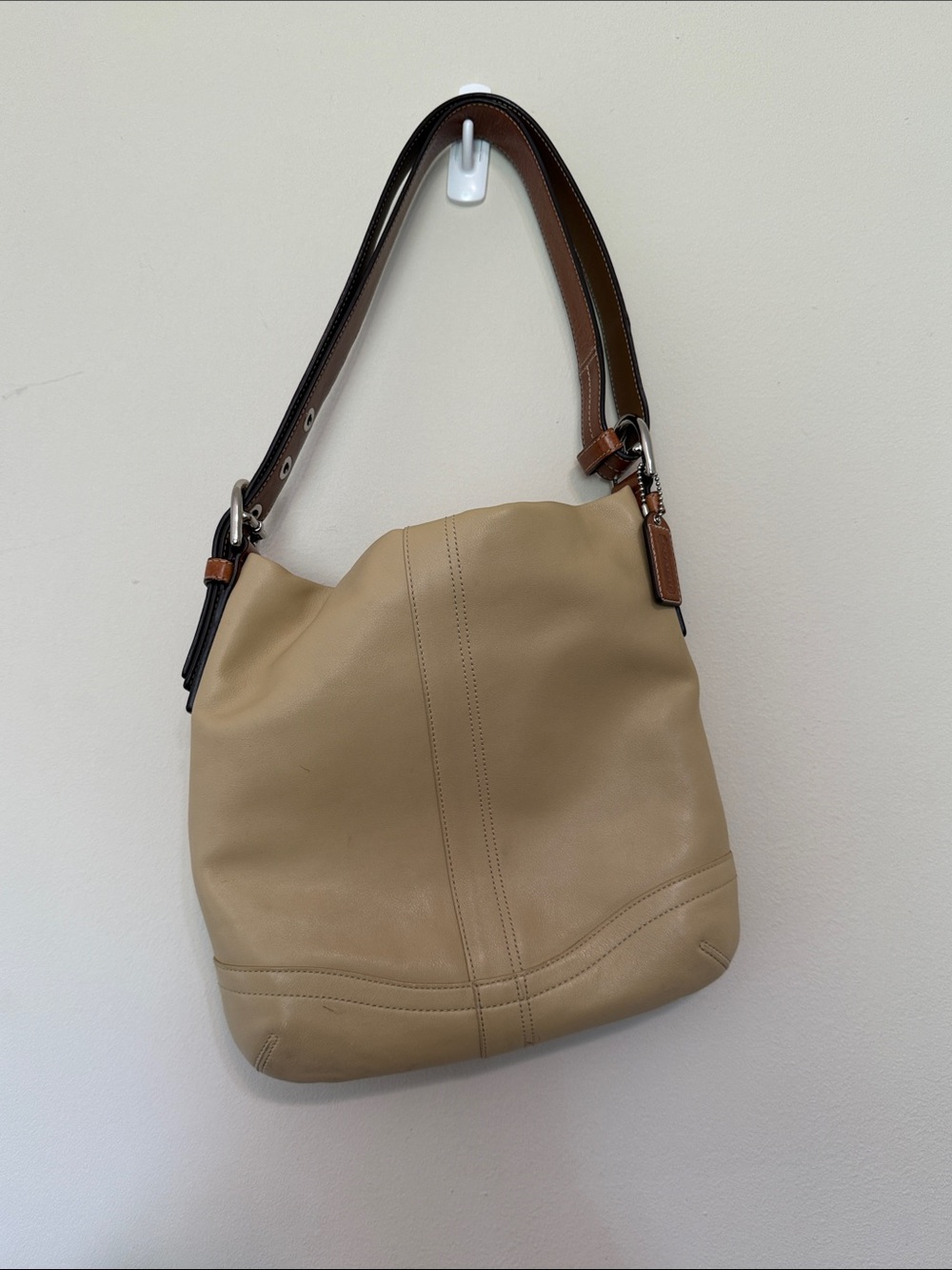 Coach Beige Leather Shoulder Hobo with Brown Contrast Strap
